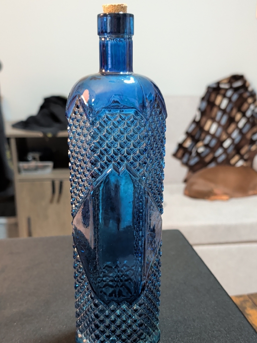 Vintage Serpis Alcoy 6-Sided Diamond Design Blue Cobalt Glass Bottle with Cork